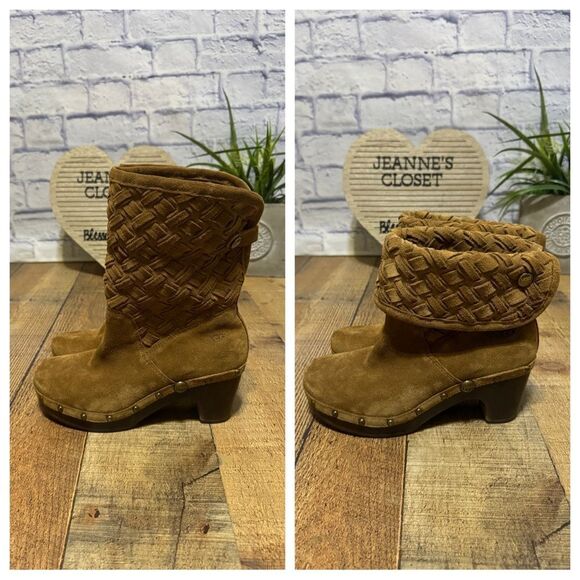UGG Lynnea Arroyo Boots Brown Woven Suede Studded Clog Heels Womens Sz 6 - Picture 1 of 12